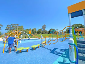 New climbing and jumping playground equipment at Tecolote Shores Mission Bay Park. 